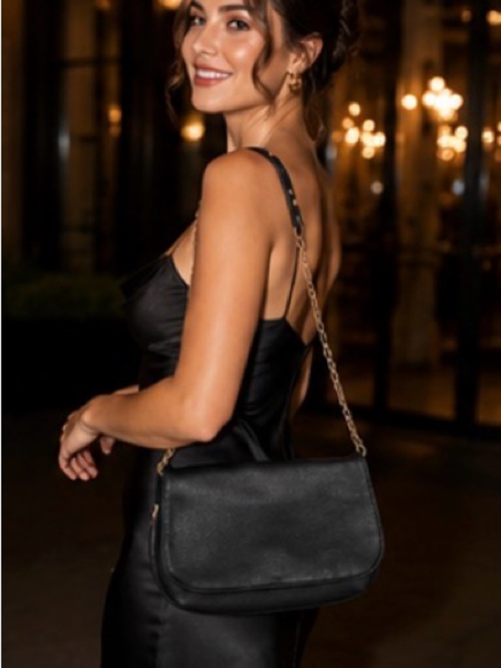Mary Square Black 100% Vegan Leather Shoulder Bag with Gold chain Strap